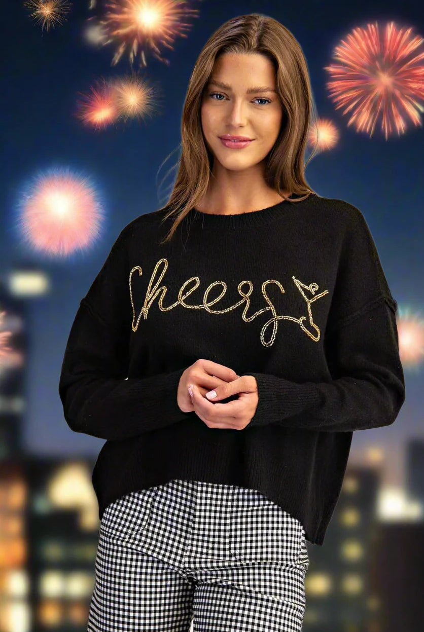 ee:some Cheers Beaded Long Sleeve Sweater In Black Champagne-Sweaters-ee:some-Deja Nu Boutique, Women's Fashion Boutique in Lampasas, Texas