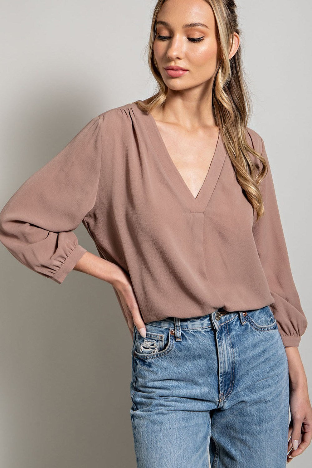 ee:some Long Sleeve V Neck Blouse In Coco-Long Sleeves-ee:some-Deja Nu Boutique, Women's Fashion Boutique in Lampasas, Texas