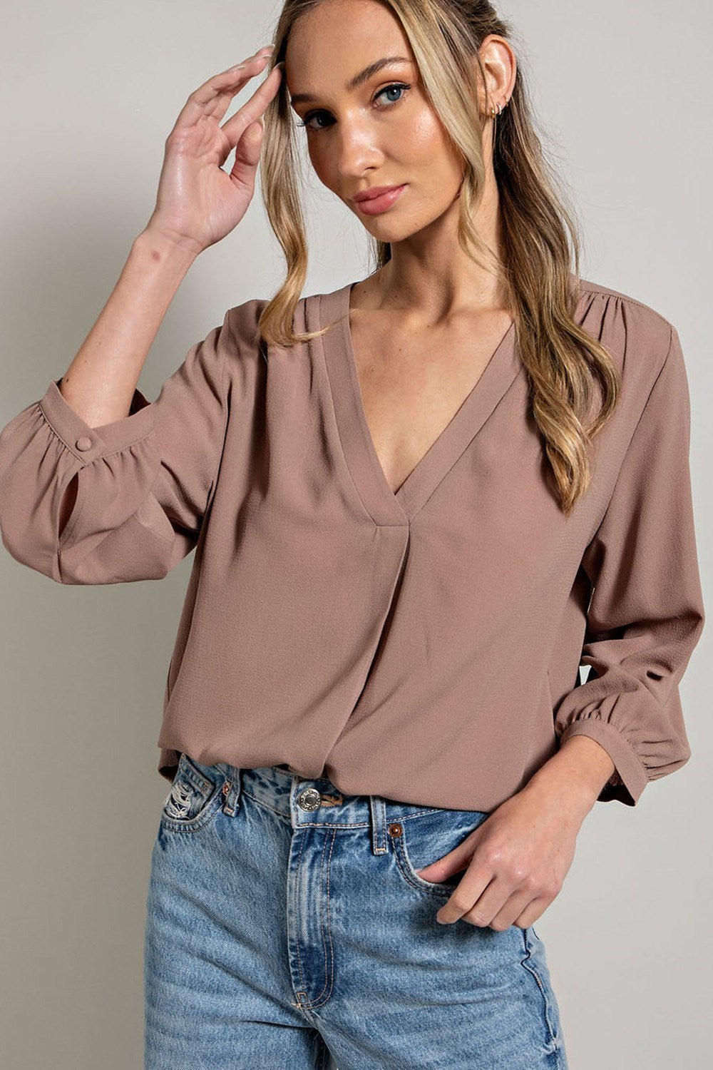 ee:some Long Sleeve V Neck Blouse In Coco-Long Sleeves-ee:some-Deja Nu Boutique, Women's Fashion Boutique in Lampasas, Texas