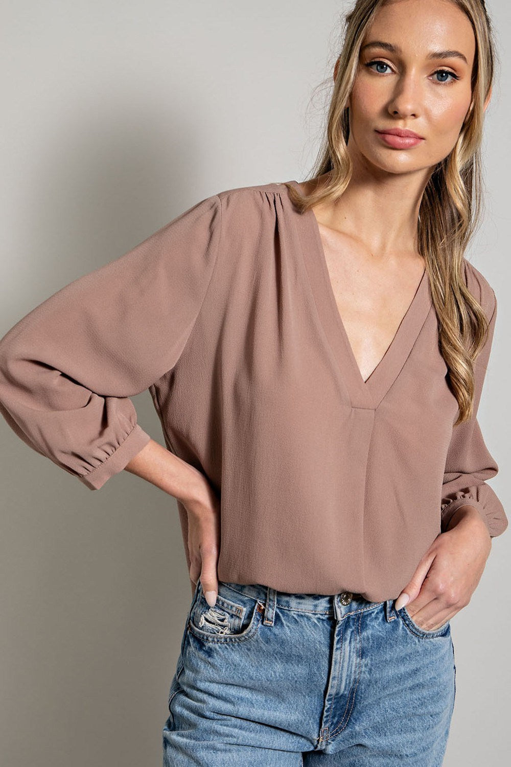 ee:some Long Sleeve V Neck Blouse In Coco-Long Sleeves-ee:some-Deja Nu Boutique, Women's Fashion Boutique in Lampasas, Texas