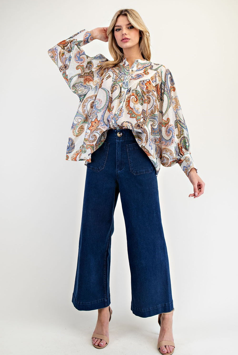 ee:some Paisley Printed Bubble Sleeve Top – Elegant & Lightweight Blouse-Tops-ee:some-Deja Nu Boutique, Women's Fashion Boutique in Lampasas, Texas