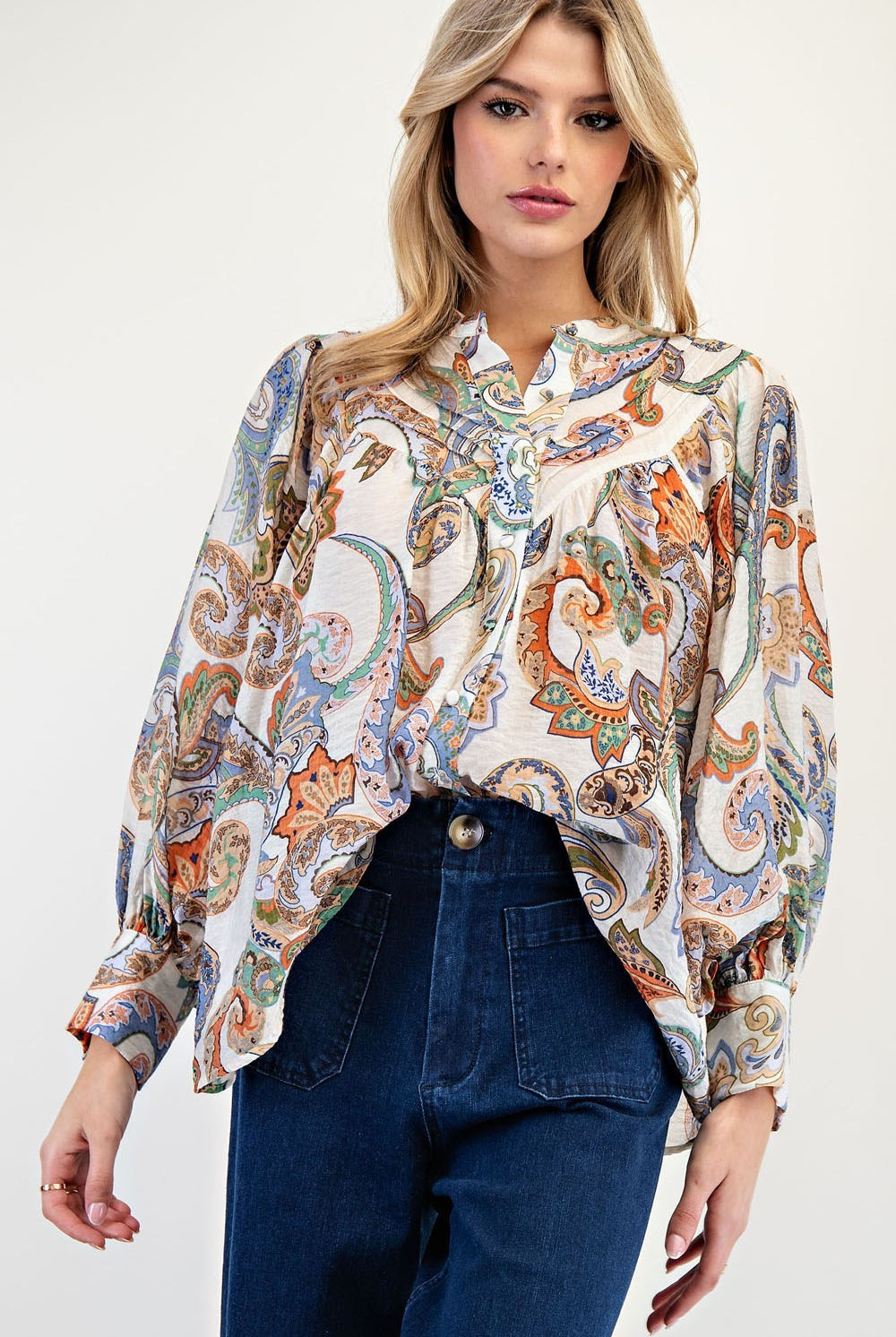 ee:some Paisley Printed Bubble Sleeve Top – Elegant & Lightweight Blouse-Tops-ee:some-Deja Nu Boutique, Women's Fashion Boutique in Lampasas, Texas