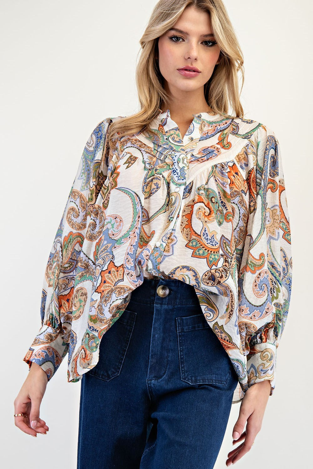 ee:some Paisley Printed Bubble Sleeve Top – Elegant & Lightweight Blouse-Tops-ee:some-Deja Nu Boutique, Women's Fashion Boutique in Lampasas, Texas