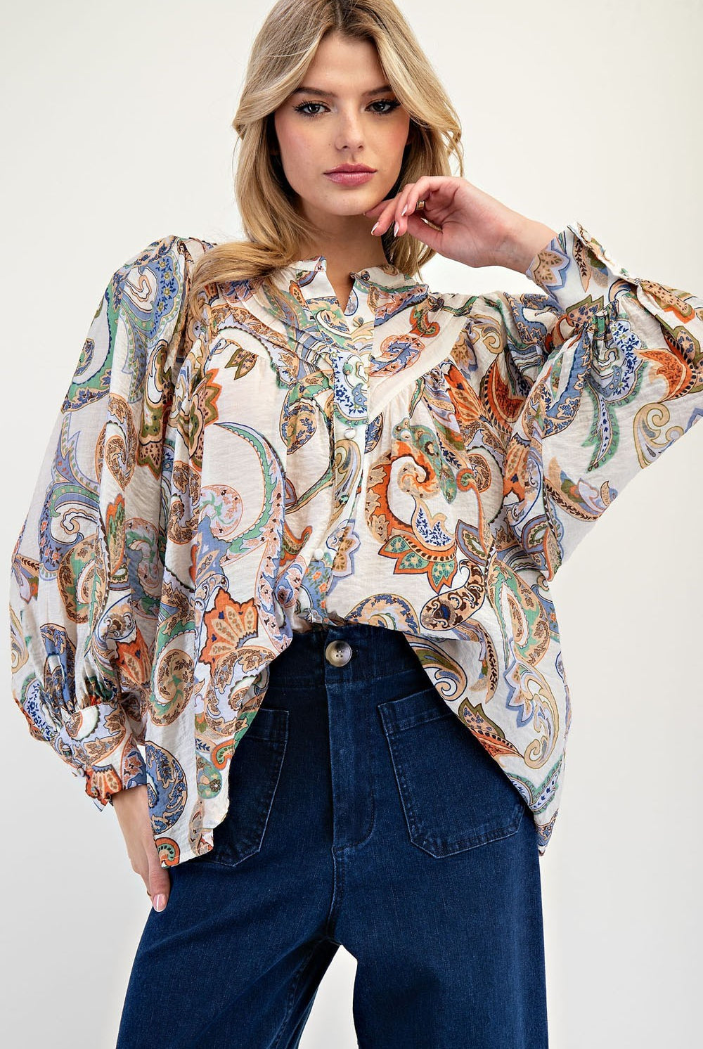 ee:some Paisley Printed Bubble Sleeve Top – Elegant & Lightweight Blouse-Tops-ee:some-Deja Nu Boutique, Women's Fashion Boutique in Lampasas, Texas