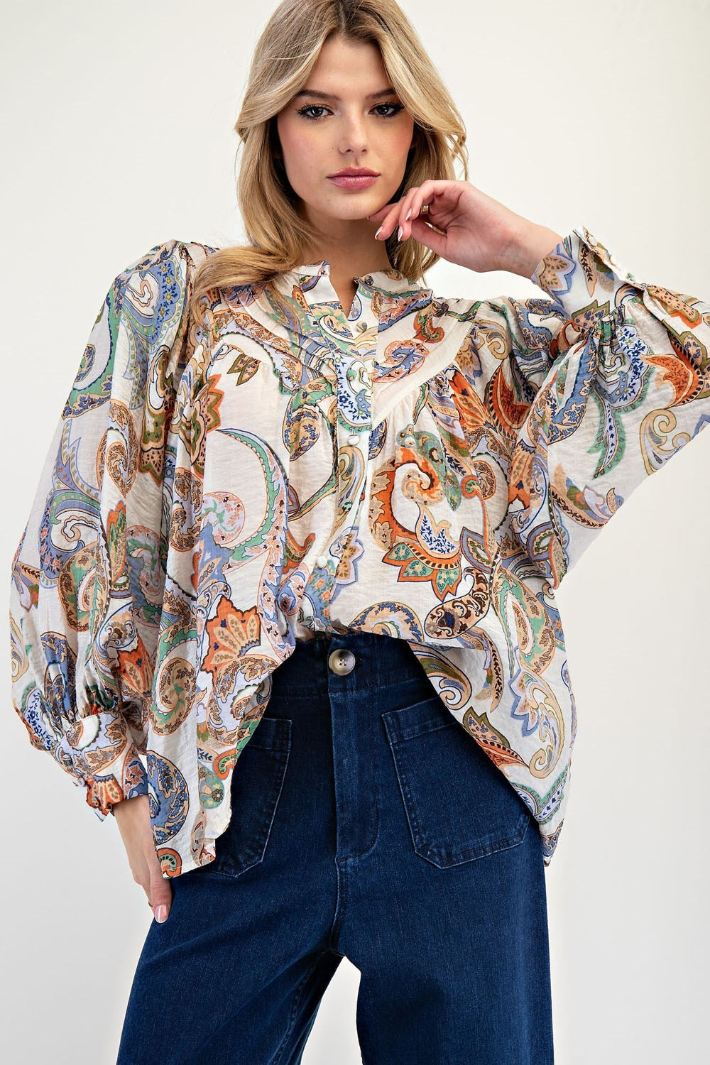 ee:some Paisley Printed Bubble Sleeve Top – Elegant & Lightweight Blouse-Tops-ee:some-Deja Nu Boutique, Women's Fashion Boutique in Lampasas, Texas