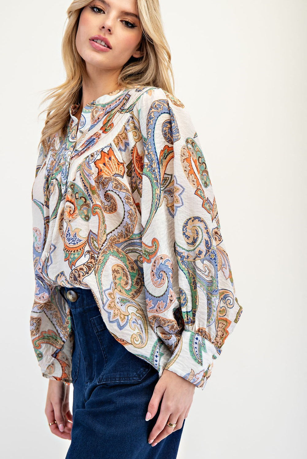 ee:some Paisley Printed Bubble Sleeve Top – Elegant & Lightweight Blouse-Tops-ee:some-Deja Nu Boutique, Women's Fashion Boutique in Lampasas, Texas