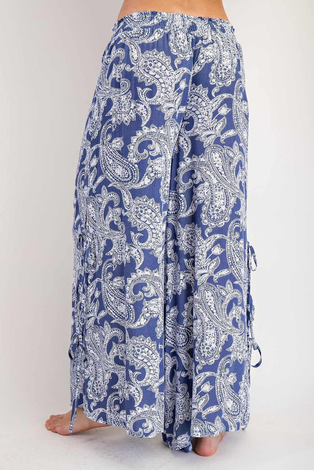 ee:some Paisley Printed Side Tie Wide Leg Pants - Indigo-Pants-ee:some-Deja Nu Boutique, Women's Fashion Boutique in Lampasas, Texas