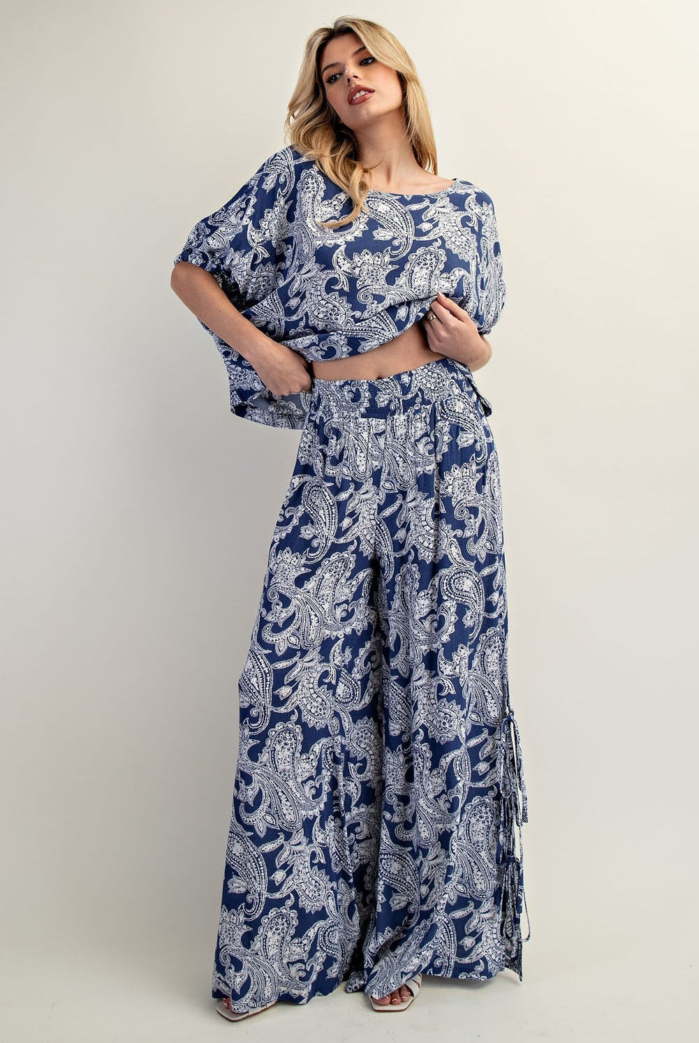 ee:some Paisley Printed Side Tie Wide Leg Pants - Indigo-Pants-ee:some-Deja Nu Boutique, Women's Fashion Boutique in Lampasas, Texas