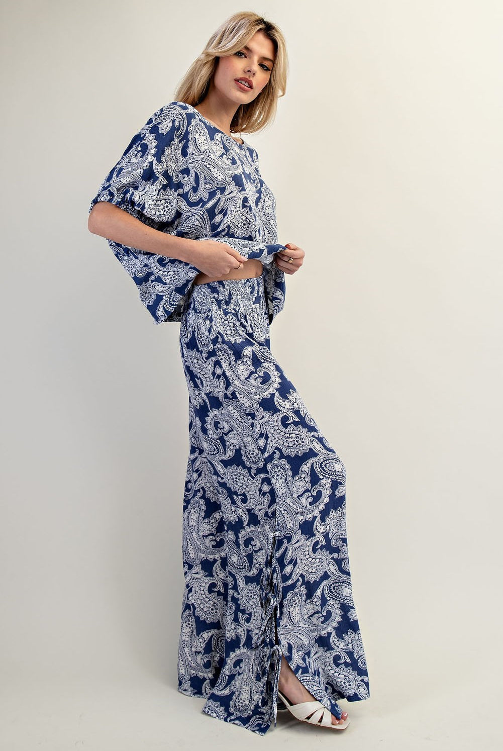 ee:some Paisley Printed Side Tie Wide Leg Pants - Indigo-Pants-ee:some-Deja Nu Boutique, Women's Fashion Boutique in Lampasas, Texas