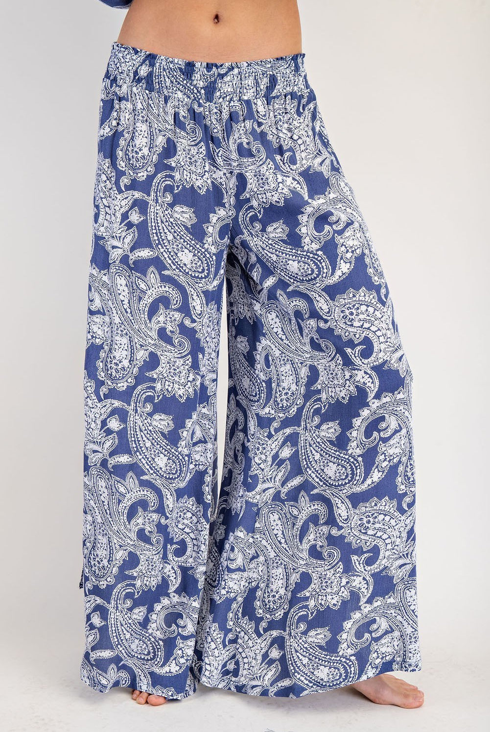ee:some Paisley Printed Side Tie Wide Leg Pants - Indigo-Pants-ee:some-Deja Nu Boutique, Women's Fashion Boutique in Lampasas, Texas