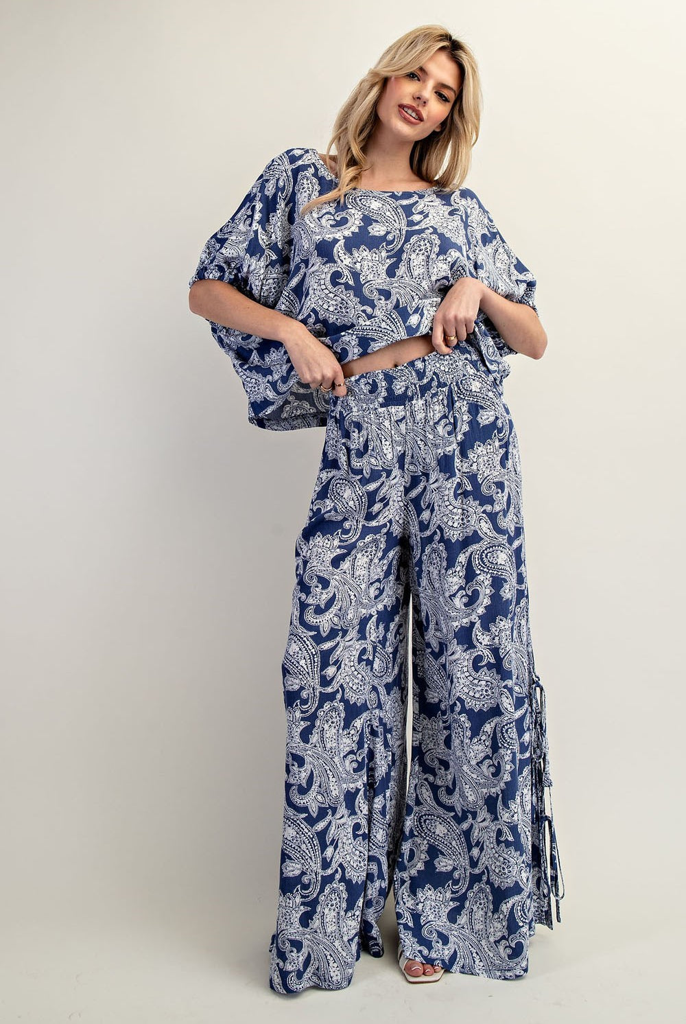 ee:some Paisley Printed Side Tie Wide Leg Pants - Indigo-Pants-ee:some-Deja Nu Boutique, Women's Fashion Boutique in Lampasas, Texas
