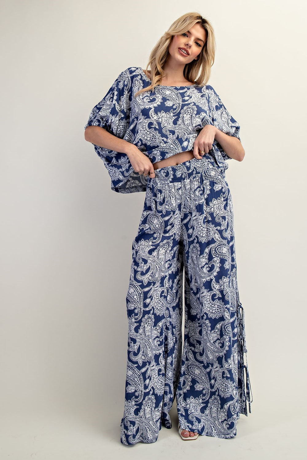 ee:some Paisley Printed Side Tie Wide Leg Pants - Indigo-Pants-ee:some-Deja Nu Boutique, Women's Fashion Boutique in Lampasas, Texas