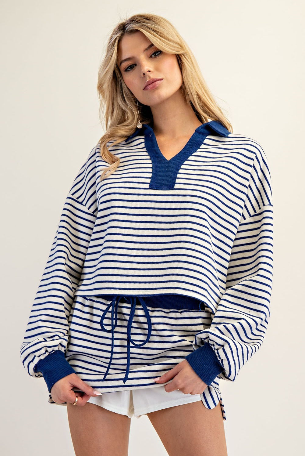 ee:some Striped Cropped Collared Knit Sweater - Royal Blue & White-Sweaters-ee:some-Deja Nu Boutique, Women's Fashion Boutique in Lampasas, Texas