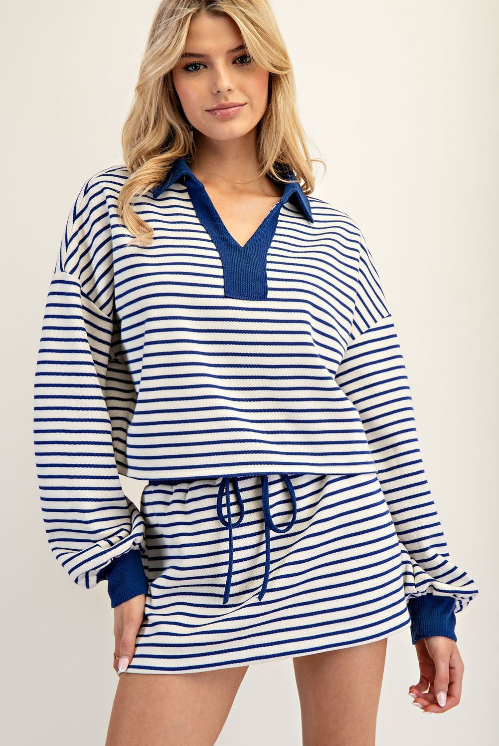 ee:some Striped Cropped Collared Knit Sweater - Royal Blue & White-Sweaters-ee:some-Deja Nu Boutique, Women's Fashion Boutique in Lampasas, Texas
