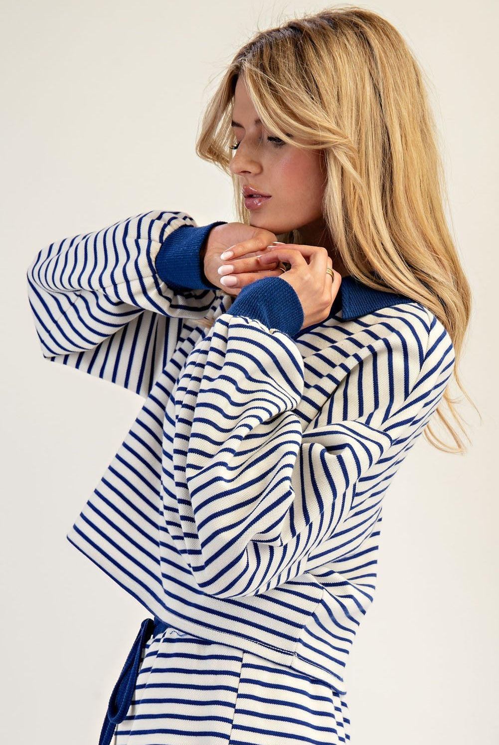 ee:some Striped Cropped Collared Knit Sweater - Royal Blue & White-Sweaters-ee:some-Deja Nu Boutique, Women's Fashion Boutique in Lampasas, Texas