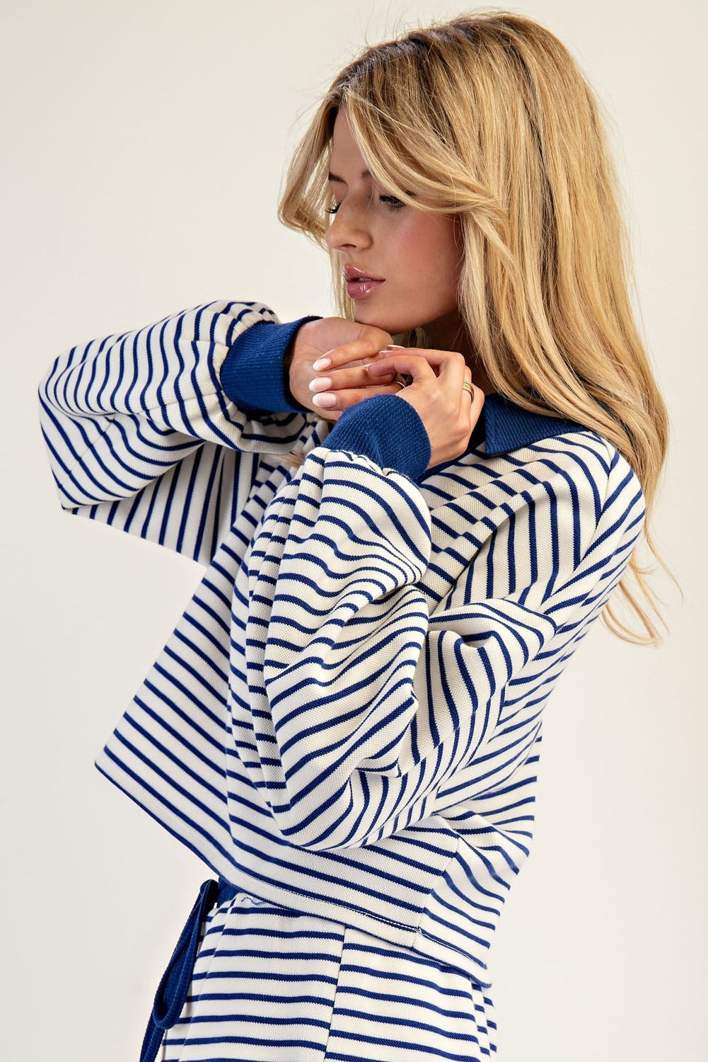 ee:some Striped Cropped Collared Knit Sweater - Royal Blue & White-Sweaters-ee:some-Deja Nu Boutique, Women's Fashion Boutique in Lampasas, Texas
