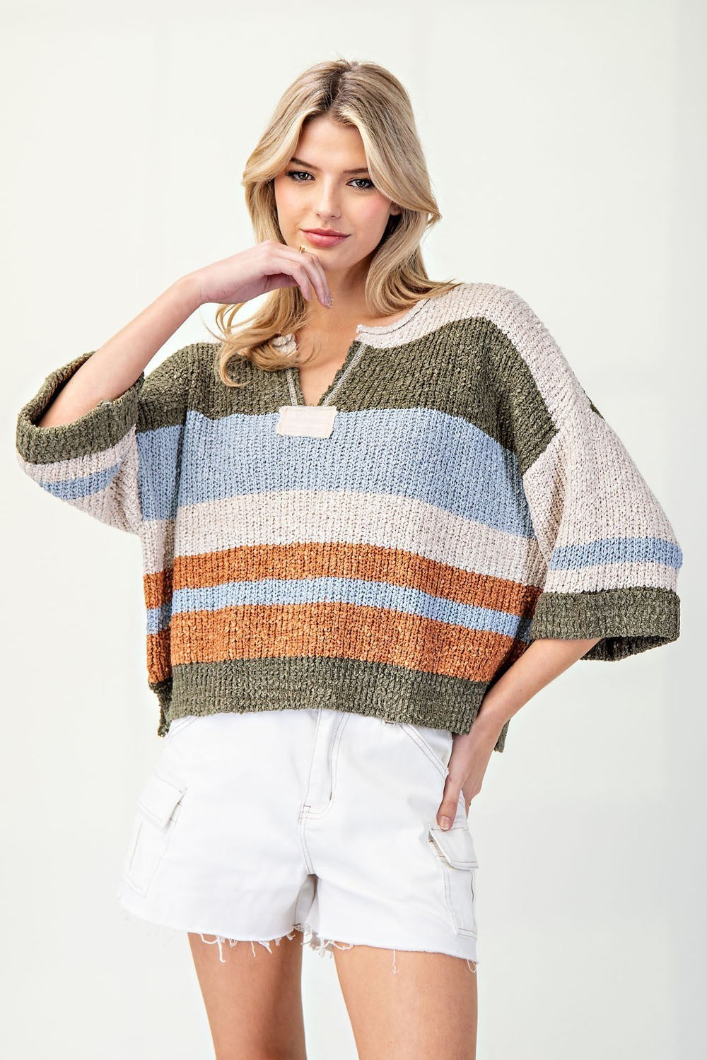 ee:some Striped Notch Collar Top-Sweaters-ee:some-Deja Nu Boutique, Women's Fashion Boutique in Lampasas, Texas