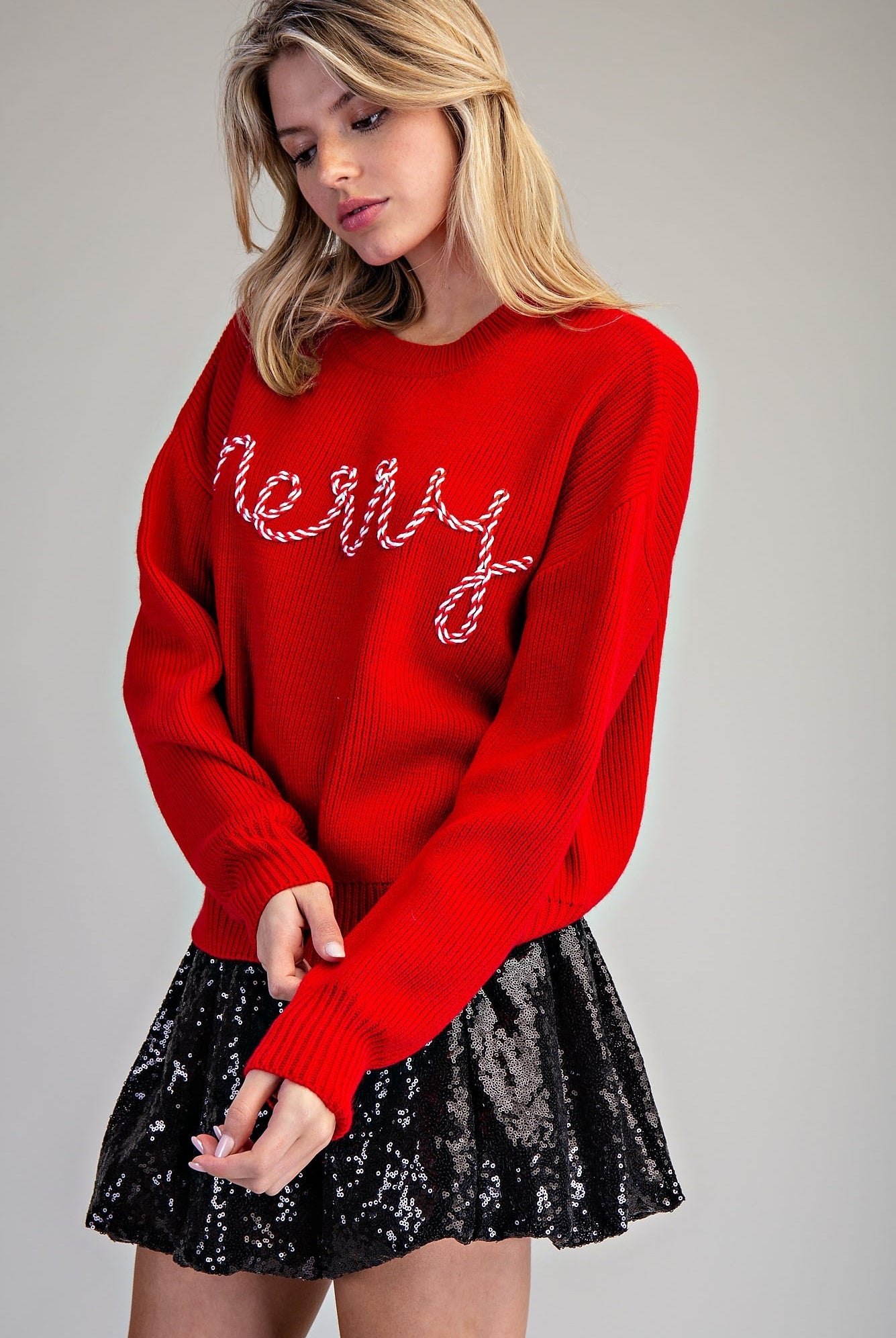ee:some Candy Cane Crush "Merry" Sweater-Sweaters-ee:some-Deja Nu Boutique, Women's Fashion Boutique in Lampasas, Texas