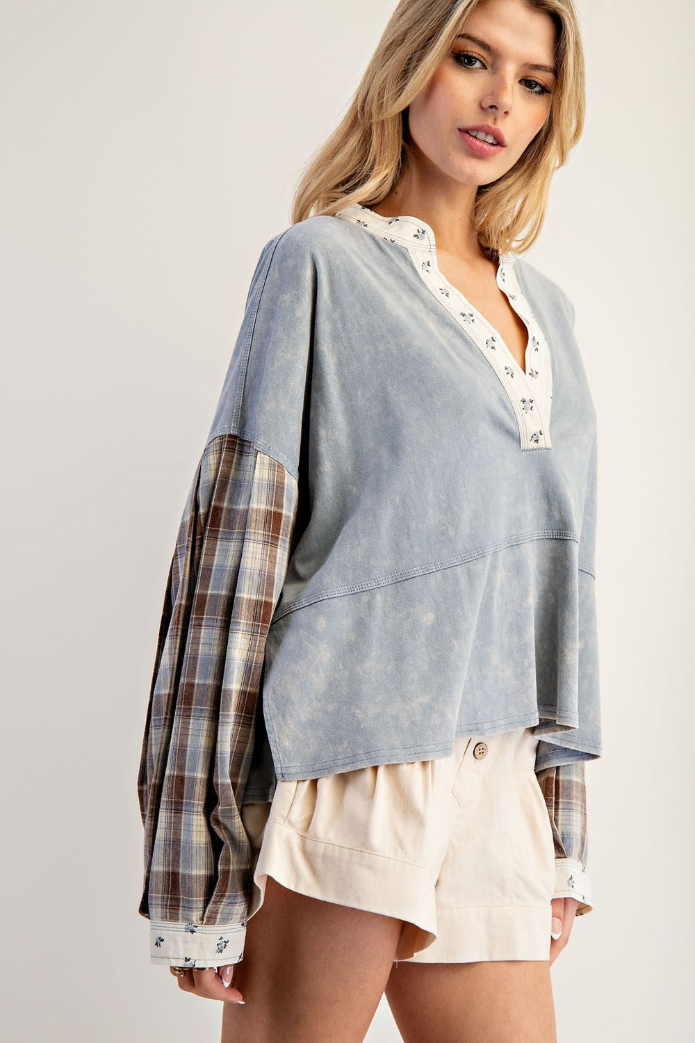 ee:some Mineral Washed Floral Trim Plaid Contrast Top-Tops-ee:some-Deja Nu Boutique, Women's Fashion Boutique in Lampasas, Texas