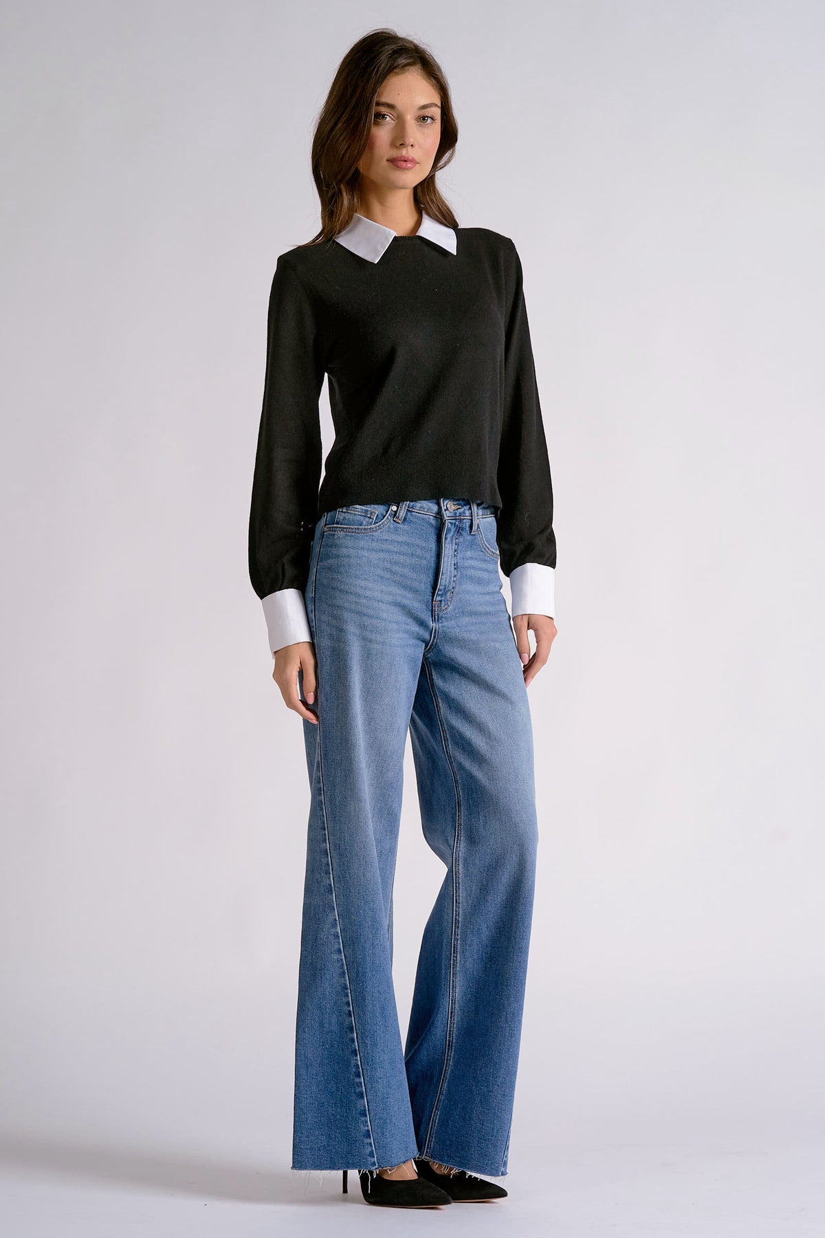 Elan Black Contrast Collar & Cuff Sweater-Sweaters-elan-Deja Nu Boutique, Women's Fashion Boutique in Lampasas, Texas