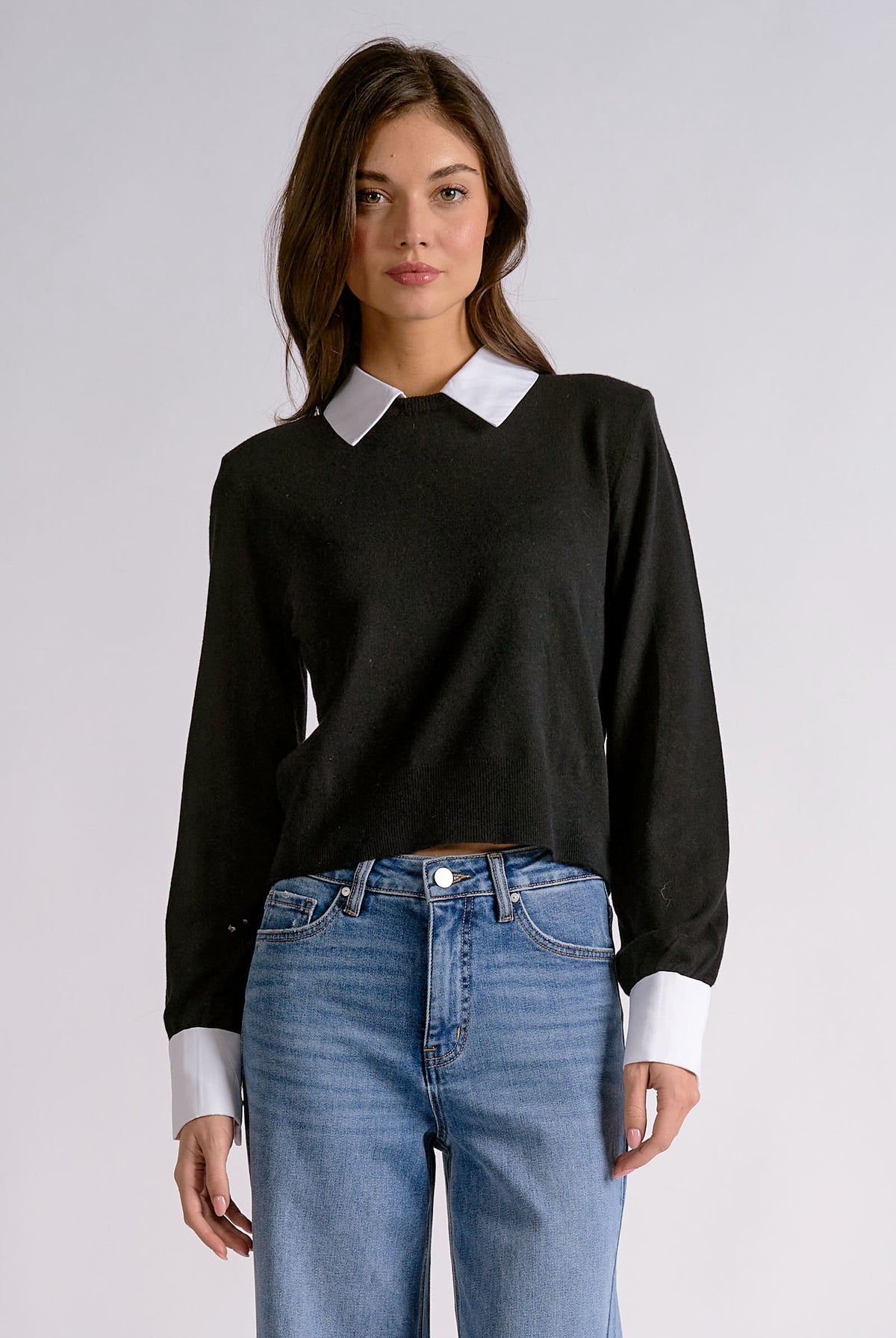 Elan Black Contrast Collar & Cuff Sweater-Sweaters-elan-Deja Nu Boutique, Women's Fashion Boutique in Lampasas, Texas
