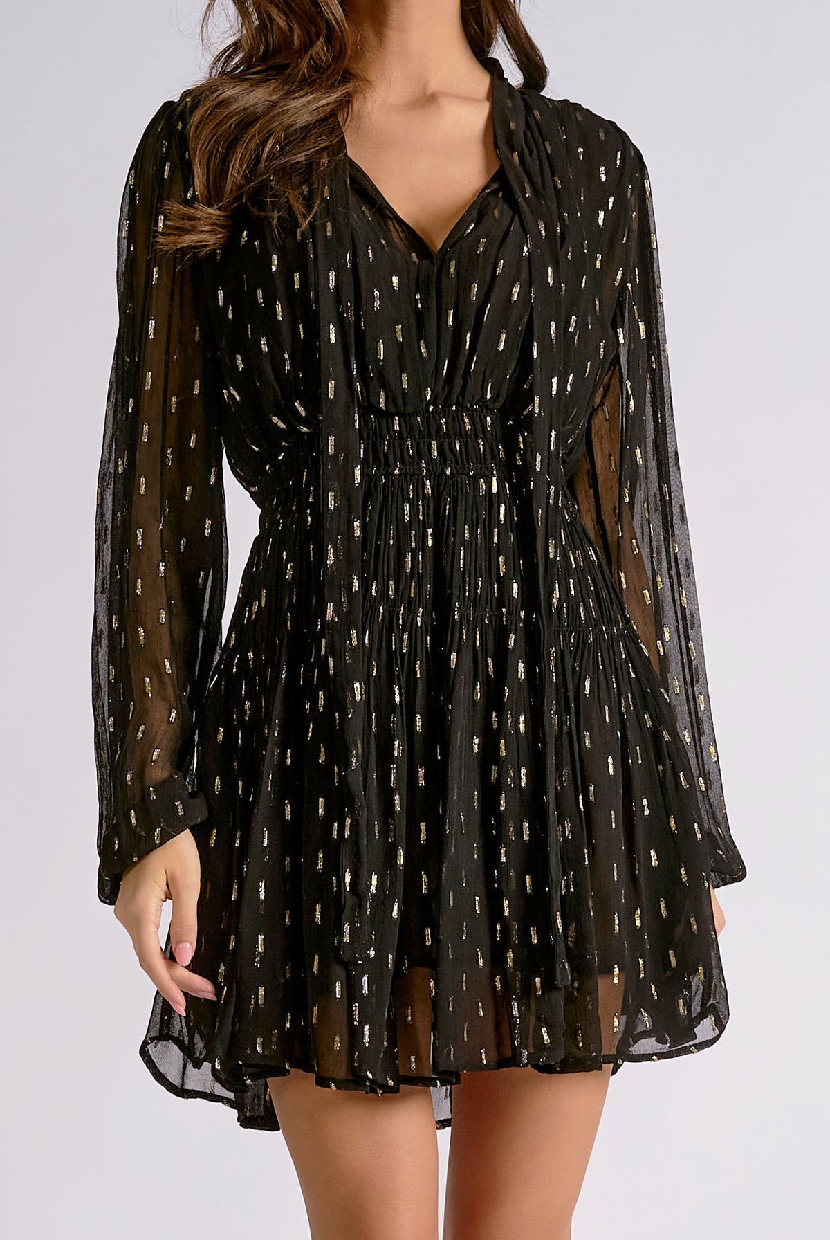 Elan Black Gold Lurex Long Sleeve Mini Dress-mini dress-elan-Deja Nu Boutique, Women's Fashion Boutique in Lampasas, Texas
