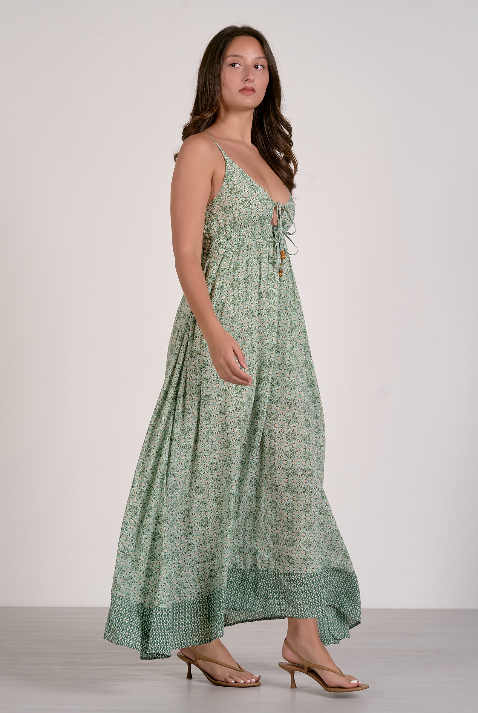 Elan Spaghetti Strap Tie Front Maxi Dress in Sage Boho Print-Maxi Dresses-Elan-Deja Nu Boutique, Women's Fashion Boutique in Lampasas, Texas