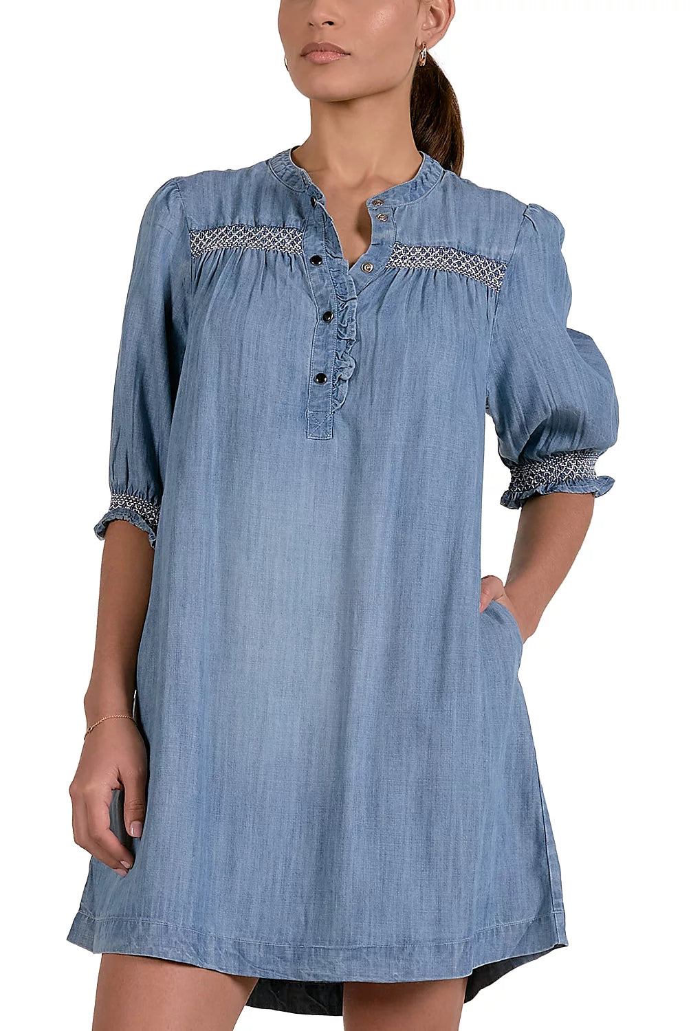 Elan Denim Elbow Sleeve Shift Dress-mini dress-Elan-Deja Nu Boutique, Women's Fashion Boutique in Lampasas, Texas