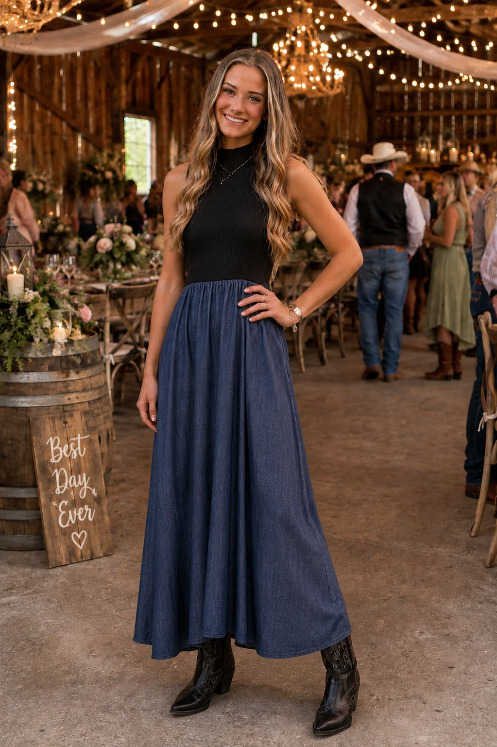 Elan Harlow Navy Black Mixed Media Maxi Dress-Maxi Dresses-elan-Deja Nu Boutique, Women's Fashion Boutique in Lampasas, Texas