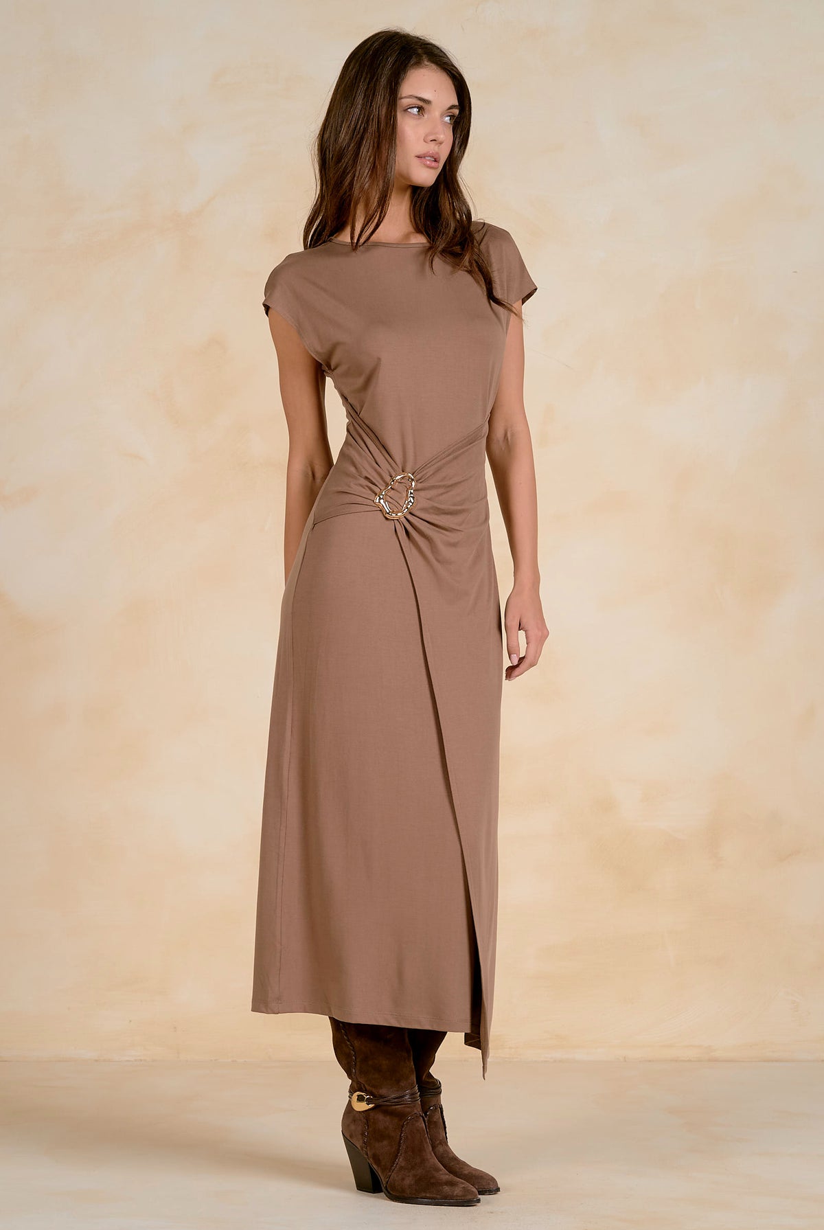 ELAN Maxi Cap Sleeve Cinched Waist Dress in Light Brown-Maxi Dresses-Elan-Deja Nu Boutique, Women's Fashion Boutique in Lampasas, Texas