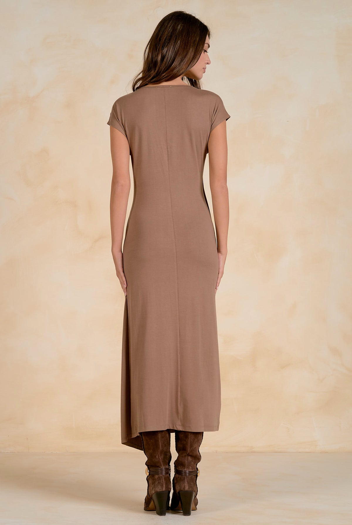 ELAN Maxi Cap Sleeve Cinched Waist Dress in Light Brown-Maxi Dresses-Elan-Deja Nu Boutique, Women's Fashion Boutique in Lampasas, Texas