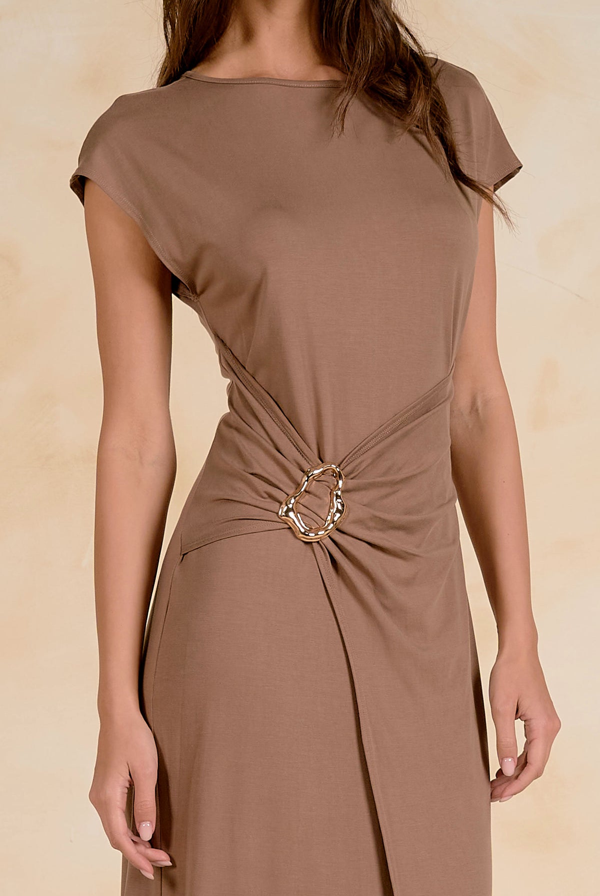 ELAN Maxi Cap Sleeve Cinched Waist Dress in Light Brown-Maxi Dresses-Elan-Deja Nu Boutique, Women's Fashion Boutique in Lampasas, Texas