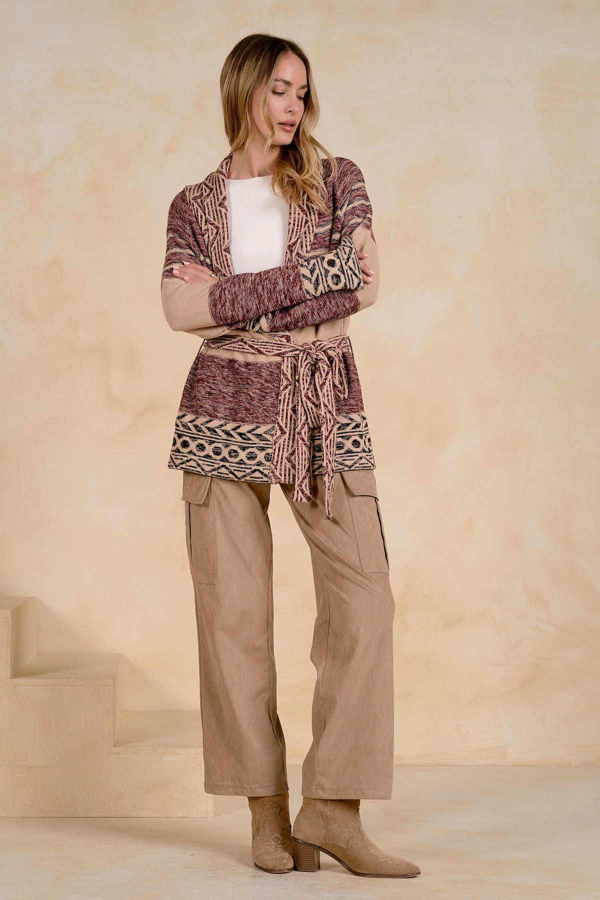 Elan Print Tie-Waist Cardigan in Natural Burgundy-Cardigans & Kimonos-elan-Deja Nu Boutique, Women's Fashion Boutique in Lampasas, Texas