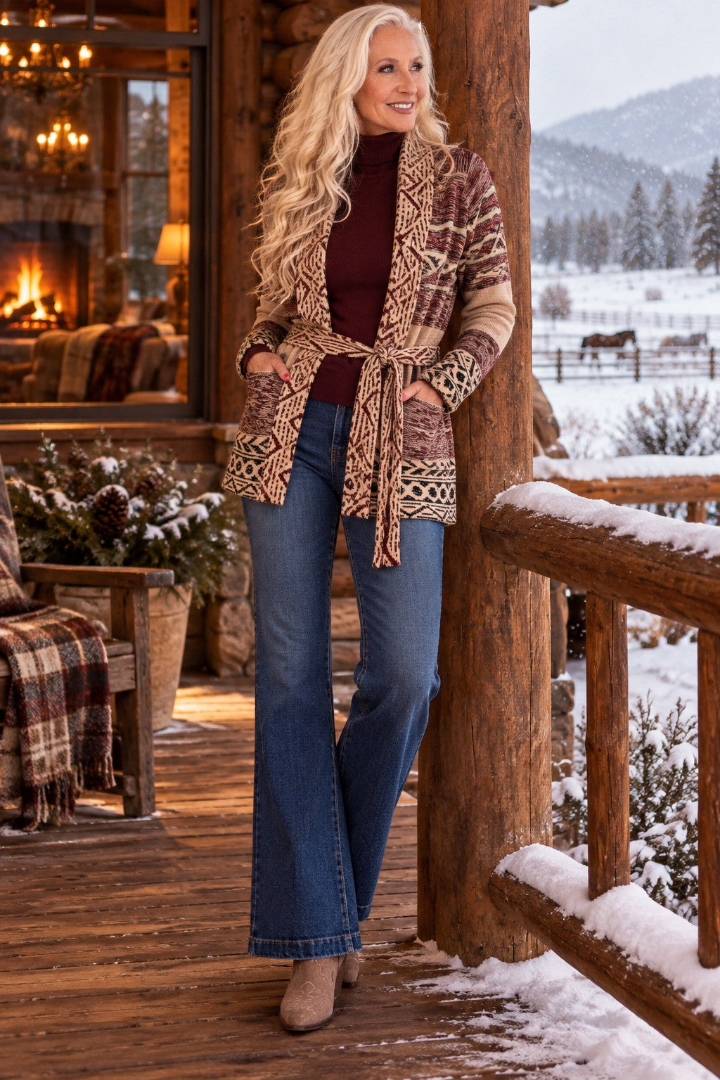 Elan Print Tie-Waist Cardigan in Natural Burgundy-Cardigans & Kimonos-elan-Deja Nu Boutique, Women's Fashion Boutique in Lampasas, Texas