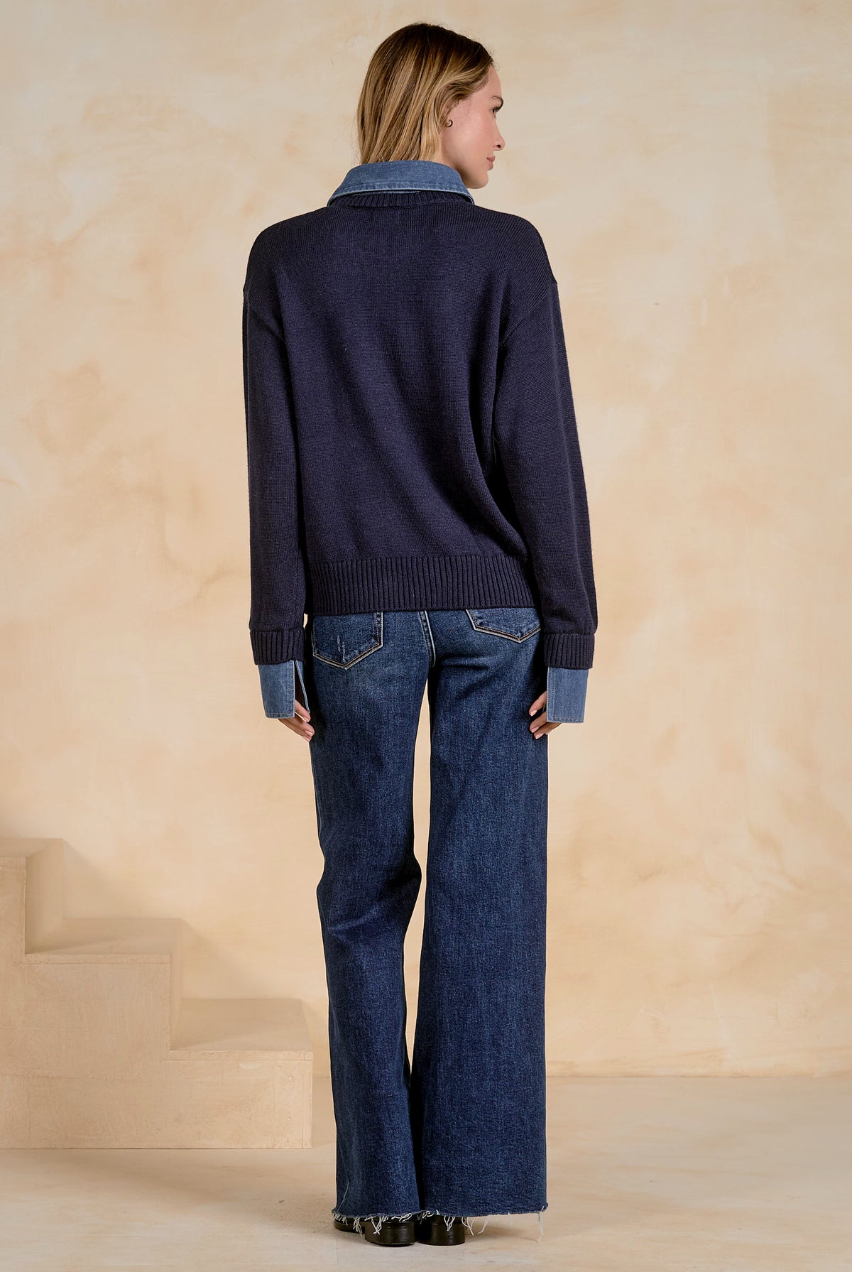 ELAN Denim Contrast Polo Sweater in Navy-Sweaters-Elan-Deja Nu Boutique, Women's Fashion Boutique in Lampasas, Texas