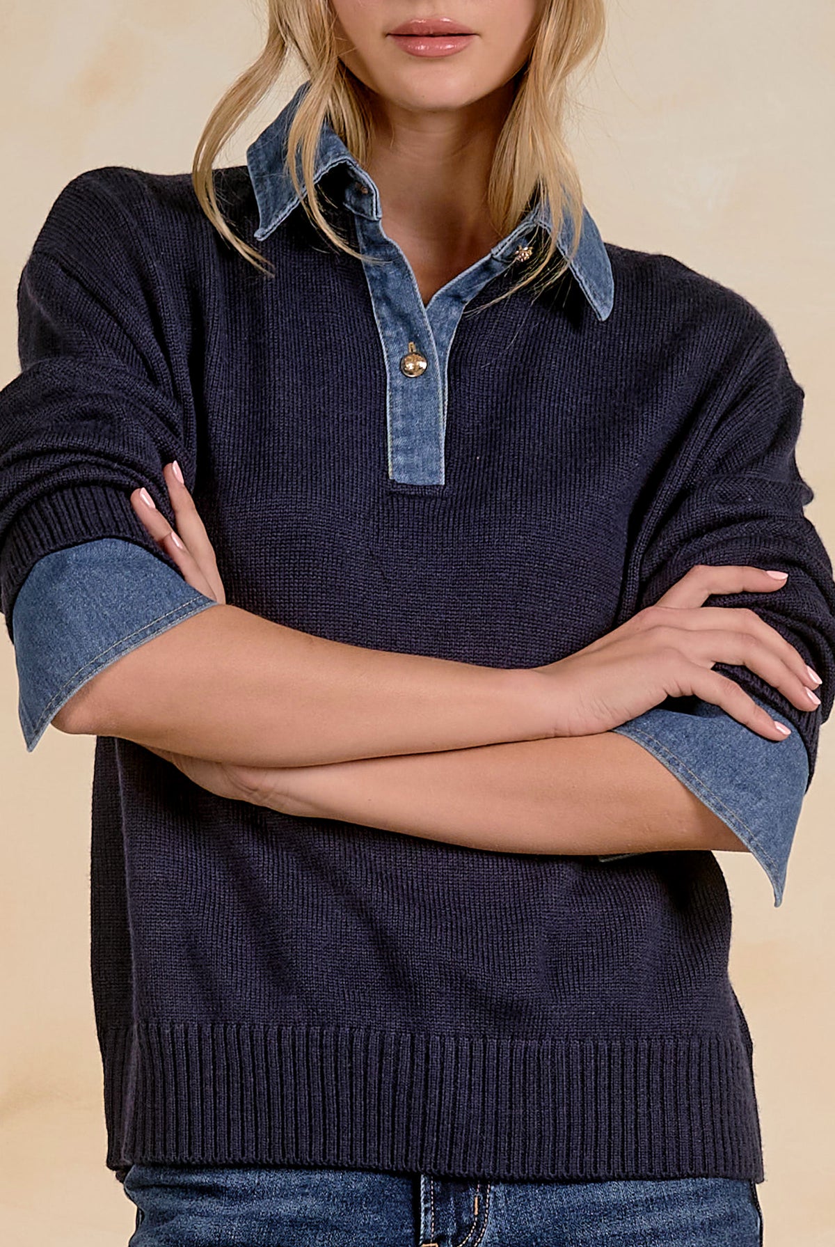 ELAN Denim Contrast Polo Sweater in Navy-Sweaters-Elan-Deja Nu Boutique, Women's Fashion Boutique in Lampasas, Texas