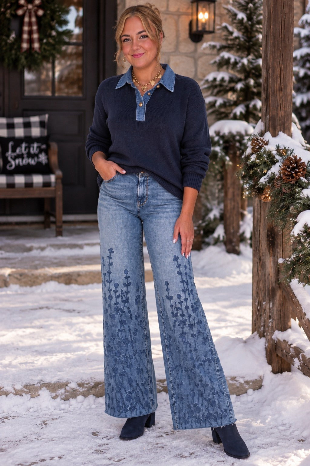 ELAN Denim Contrast Polo Sweater in Navy-Sweaters-Elan-Deja Nu Boutique, Women's Fashion Boutique in Lampasas, Texas