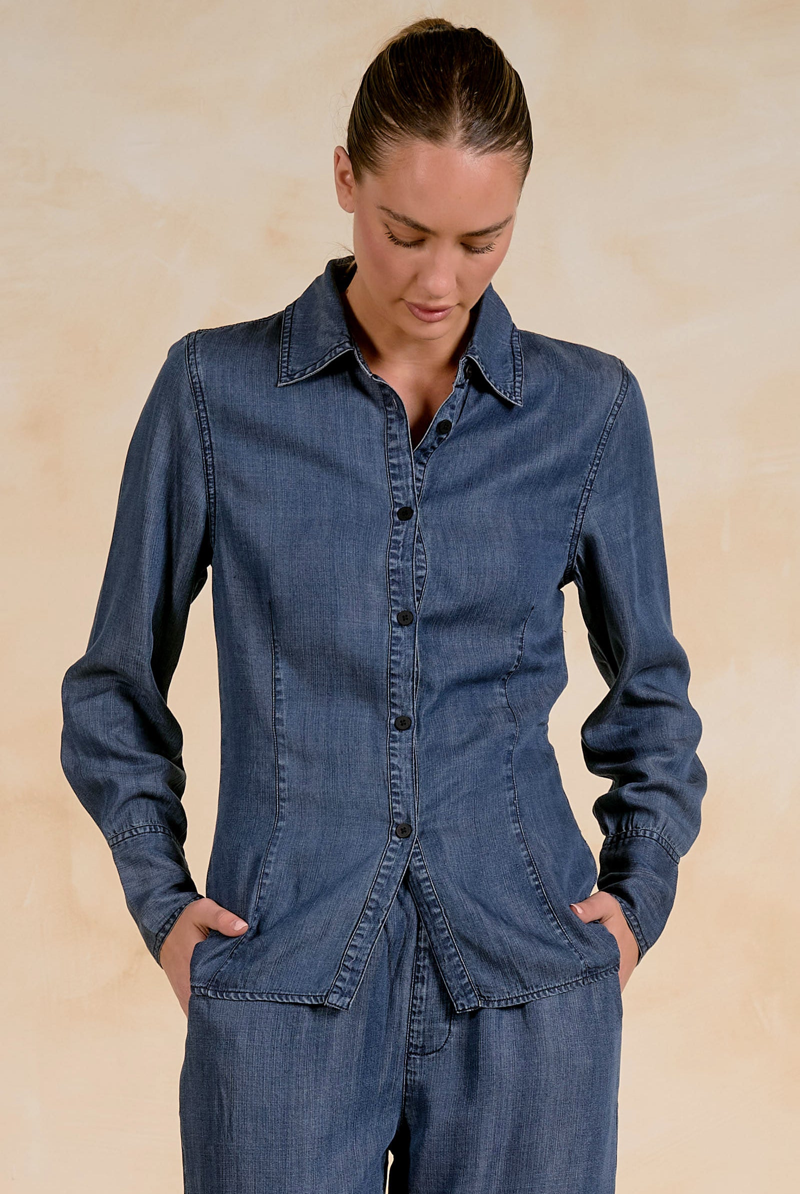ELAN Navy Wash Long Sleeve Button Down Shirt-shirts-Elan-Deja Nu Boutique, Women's Fashion Boutique in Lampasas, Texas