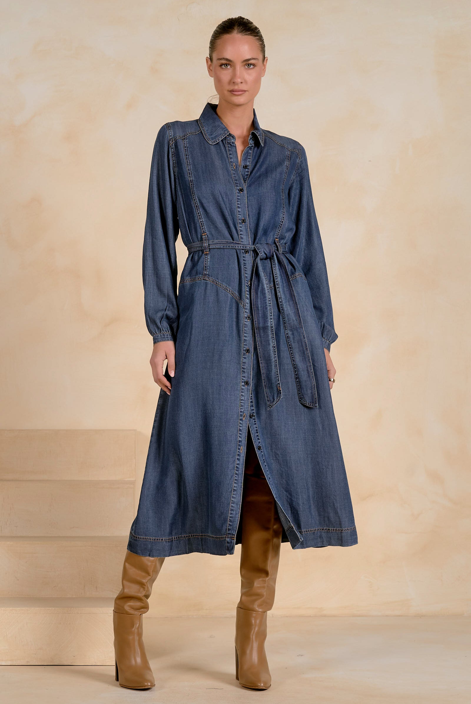 ELAN Long Sleeve Collared Maxi Dress – Navy Wash-Maxi Dresses-Elan-Deja Nu Boutique, Women's Fashion Boutique in Lampasas, Texas