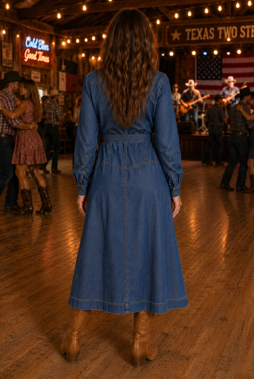 ELAN Long Sleeve Collared Maxi Dress – Navy Wash-Maxi Dresses-Elan-Deja Nu Boutique, Women's Fashion Boutique in Lampasas, Texas