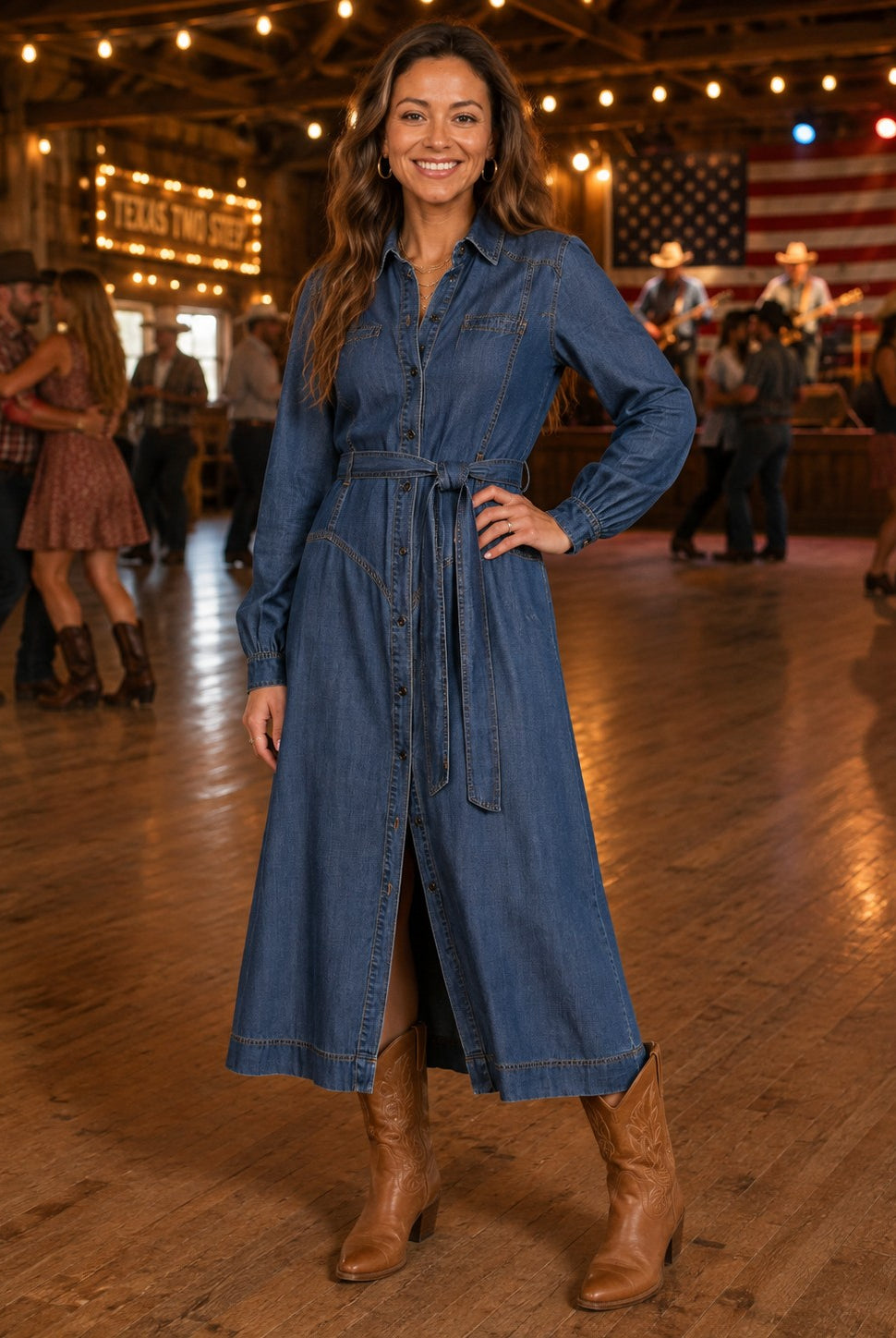 ELAN Long Sleeve Collared Maxi Dress – Navy Wash-Maxi Dresses-Elan-Deja Nu Boutique, Women's Fashion Boutique in Lampasas, Texas
