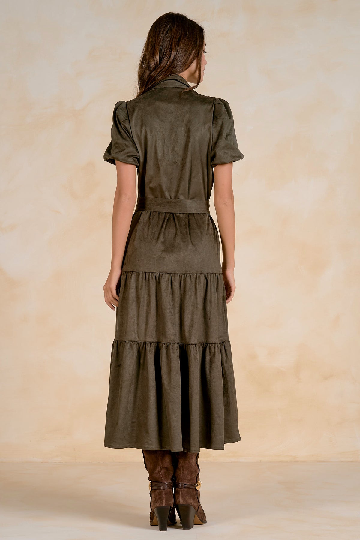 Elan Faux Suede Tiered Midi Dress in Olive-Midi Dresses-Elan-Deja Nu Boutique, Women's Fashion Boutique in Lampasas, Texas