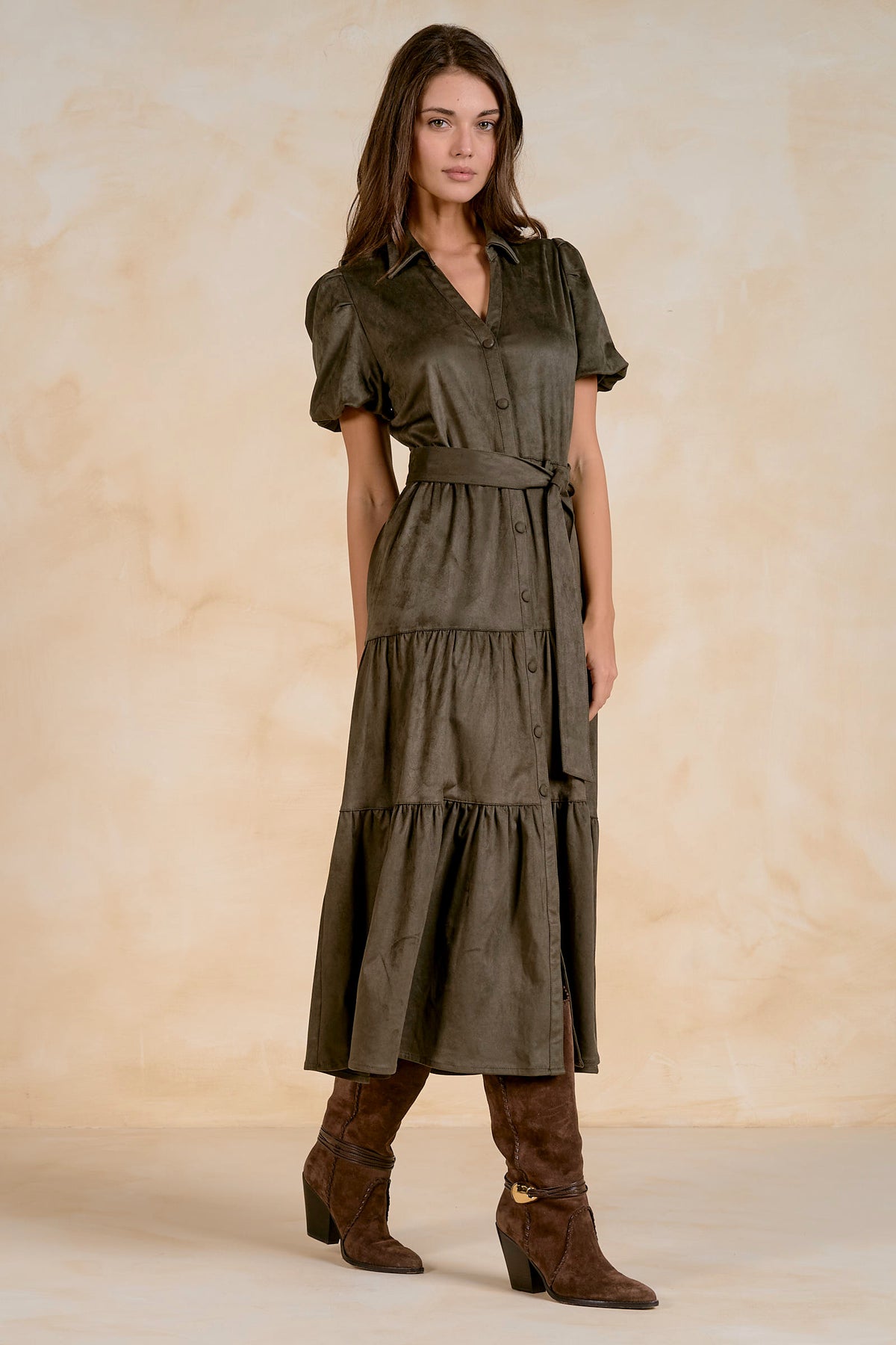 Elan Faux Suede Tiered Midi Dress in Olive-Midi Dresses-Elan-Deja Nu Boutique, Women's Fashion Boutique in Lampasas, Texas