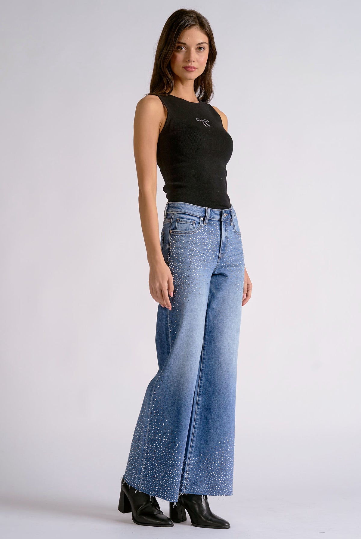 Elan Rhinestone Wide Leg Jeans in Medium Wash-Jeans-elan-Deja Nu Boutique, Women's Fashion Boutique in Lampasas, Texas