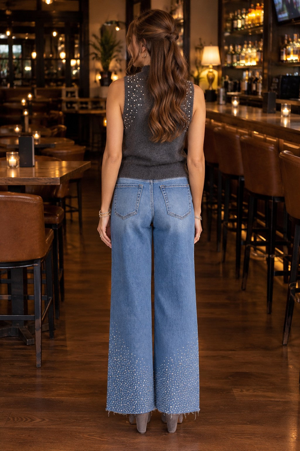 Elan Rhinestone Wide Leg Jeans in Medium Wash-Jeans-elan-Deja Nu Boutique, Women's Fashion Boutique in Lampasas, Texas