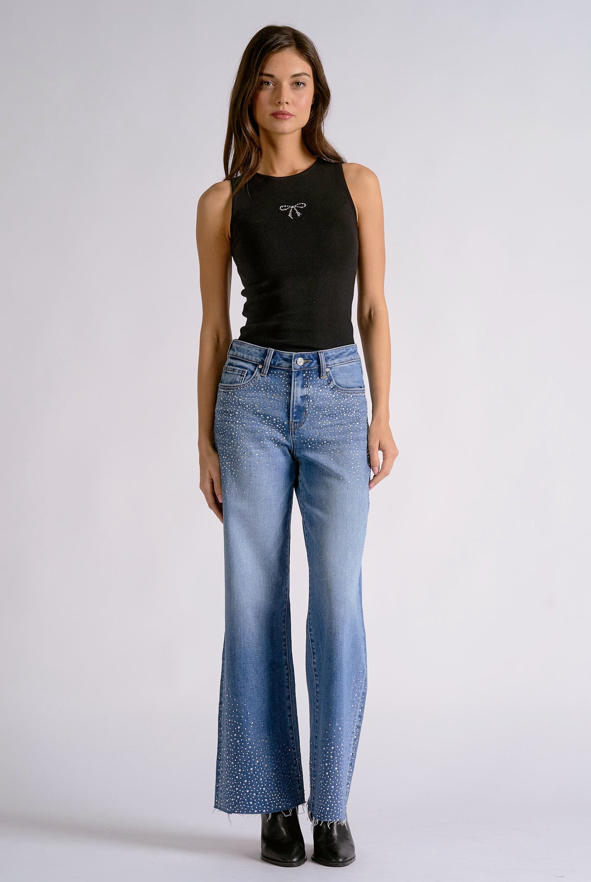 Elan Rhinestone Wide Leg Jeans in Medium Wash-Jeans-elan-Deja Nu Boutique, Women's Fashion Boutique in Lampasas, Texas