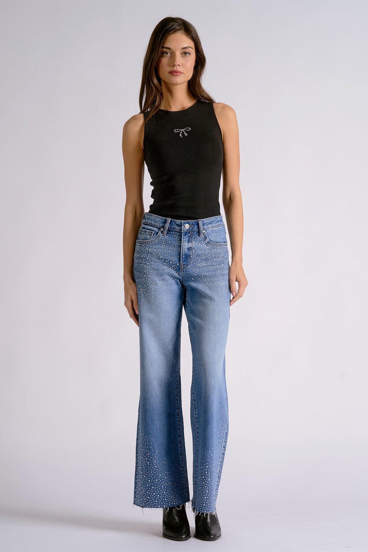 Elan Rhinestone Wide Leg Jeans in Medium Wash-Jeans-elan-Deja Nu Boutique, Women's Fashion Boutique in Lampasas, Texas