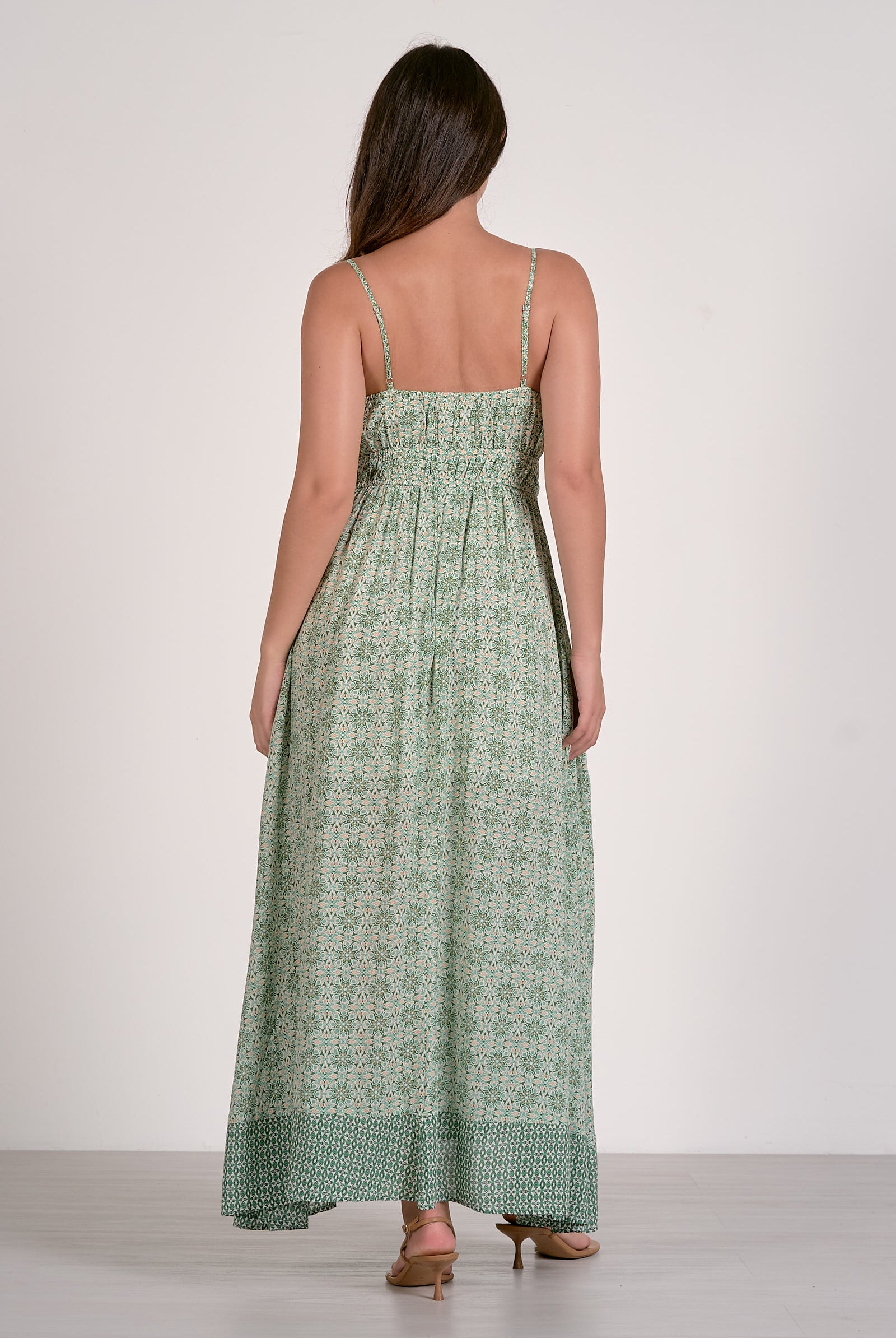 Elan Spaghetti Strap Tie Front Maxi Dress in Sage Boho Print-Maxi Dresses-Elan-Deja Nu Boutique, Women's Fashion Boutique in Lampasas, Texas