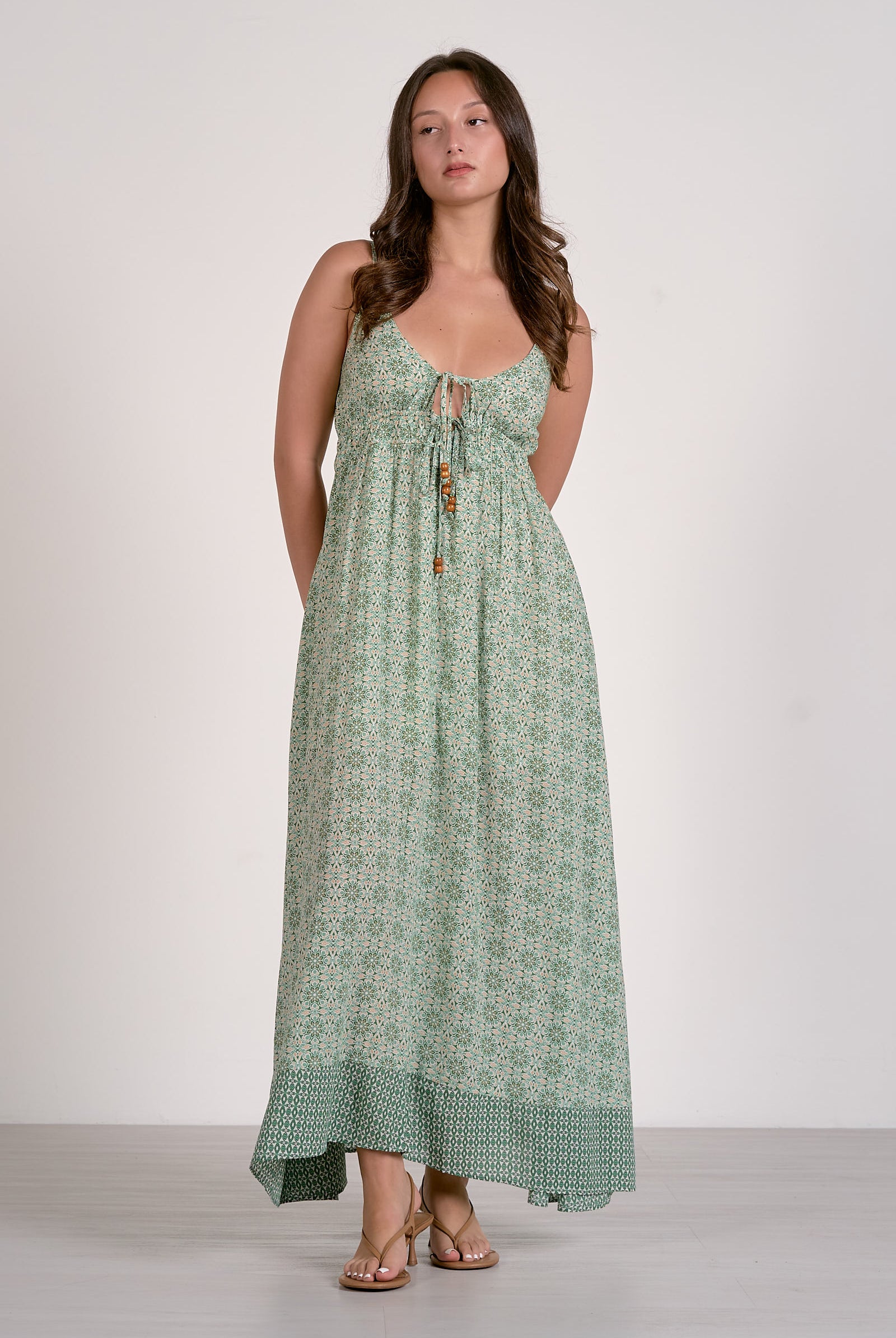 Elan Spaghetti Strap Tie Front Maxi Dress in Sage Boho Print-Maxi Dresses-Elan-Deja Nu Boutique, Women's Fashion Boutique in Lampasas, Texas