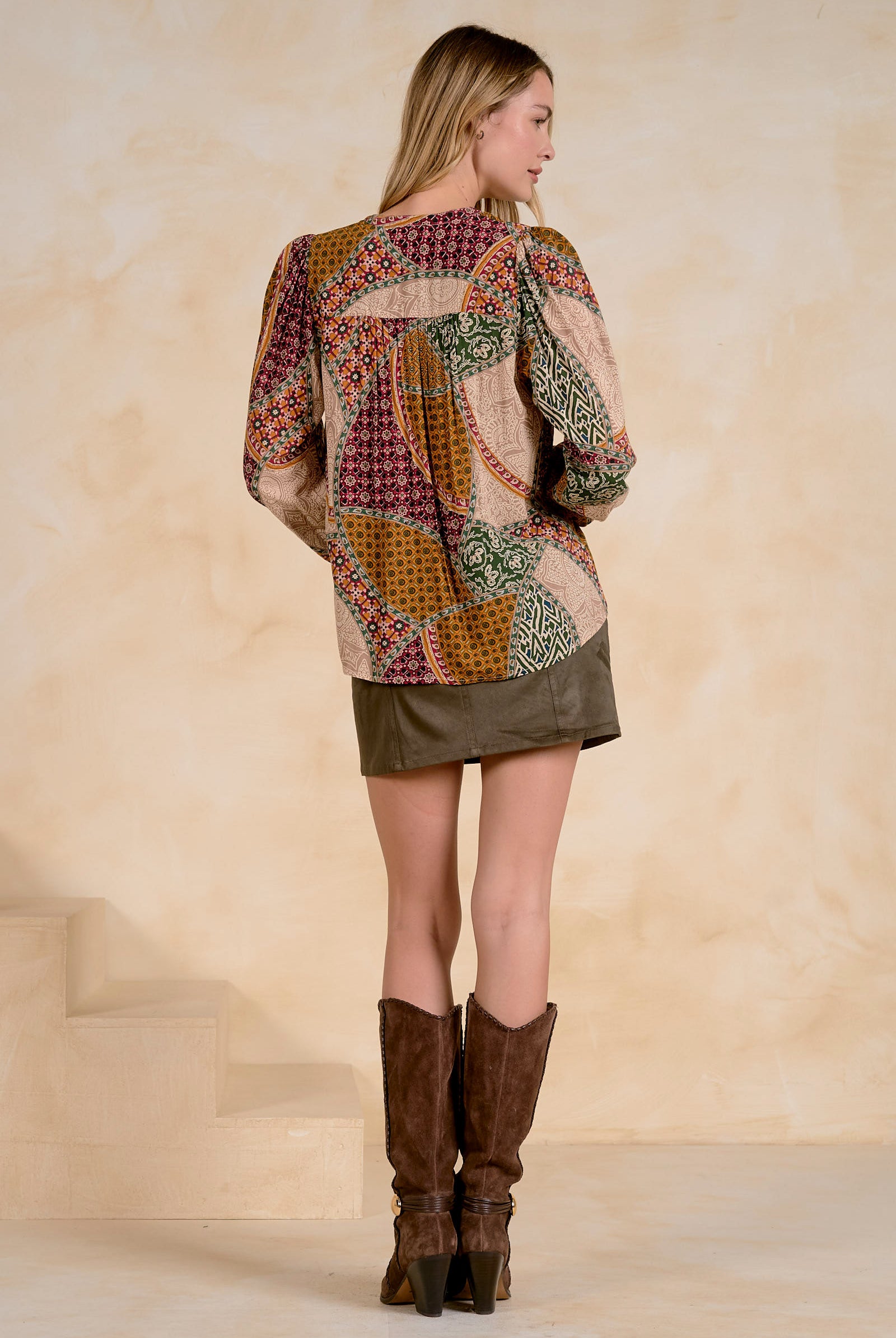 Elan Taupe Ember Patchwork Boho Blouse-shirts-elan-Deja Nu Boutique, Women's Fashion Boutique in Lampasas, Texas